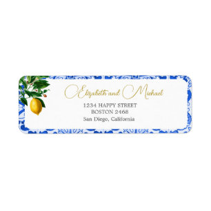 Étiquette Carrelage bleu blanc citron élégant Mariage modern
