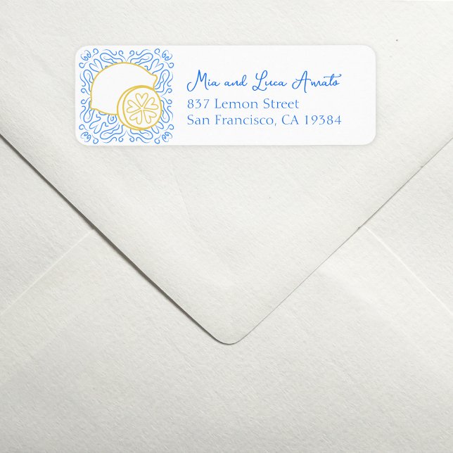 Étiquette Carrelage bleu romantique Citrus Lemon Mariage de  (Add a zesty twist to your mail with this chic lemon-themed address label—fresh, fun, and stylish.)