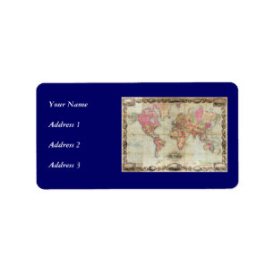 Étiquette Carte antique du monde par John Colton, circa 1854