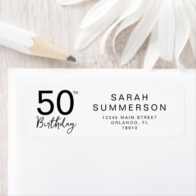 Étiquette Carte d'anniversaire 50 ans écriture noir blanc mi (En situation)