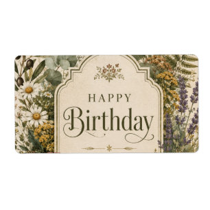 Étiquette Carte d'anniversaire avec fleurs sauvages et branc
