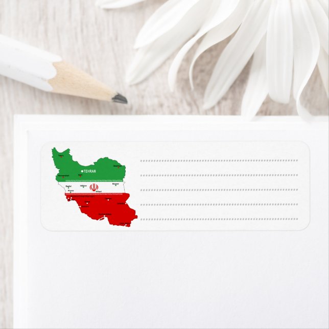 Étiquette Carte de l'Iran avec drapeau et emblème (En situation)