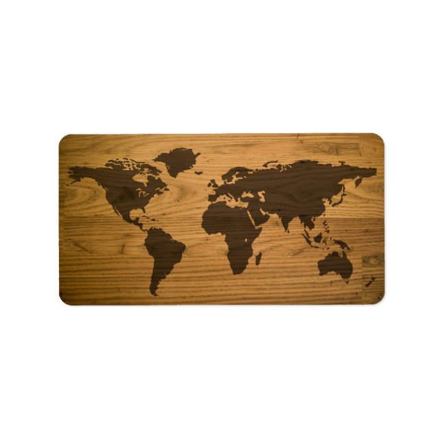 Étiquette Carte du monde texturé du grain de bois (Devant)