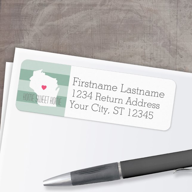 Étiquette Carte du Wisconsin Accueil Amour de l'état avec co (Personalized Mailing Label with Return Address and State Map - Low Minimum)