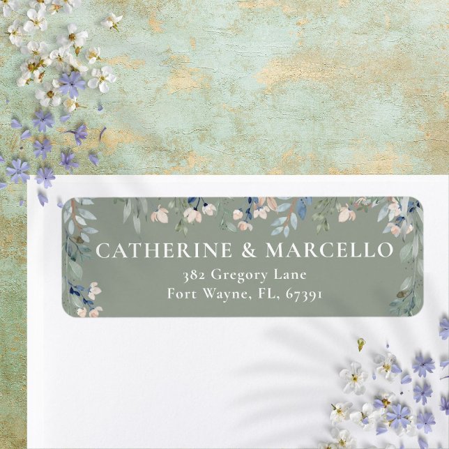 Étiquette Cascade Floral Vert Sauge Adresse de Retour de Mar (Floral Cascade Sage Green Wedding Return Address Label)