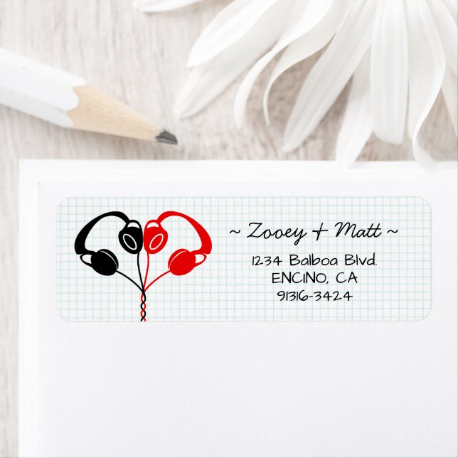 Étiquette Casque rétro Indie Mariage de coeur rouge et noir (En situation)