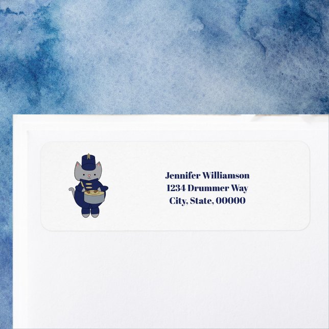 Étiquette Cat Band Drummer Navy Blue Gold Personalize Return (A return address label with a snare drum playing cat in navy blue &gold.)