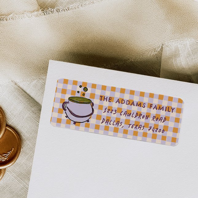 Étiquette Cauldron À damiers Halloween Adresse de retour (Witch Cauldron Purple and Orange Checkered Halloween Return Address Labels)