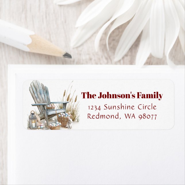 Étiquette Chaise en bois avec oeufs de Pâques adresse (En situation)