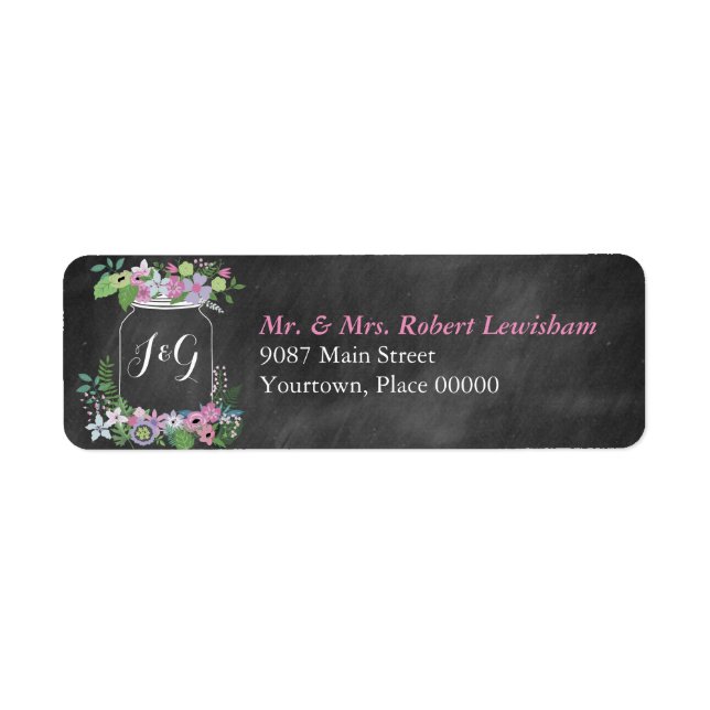 Étiquette Chalkboard Mason Jar rose Mariage floral (Devant)