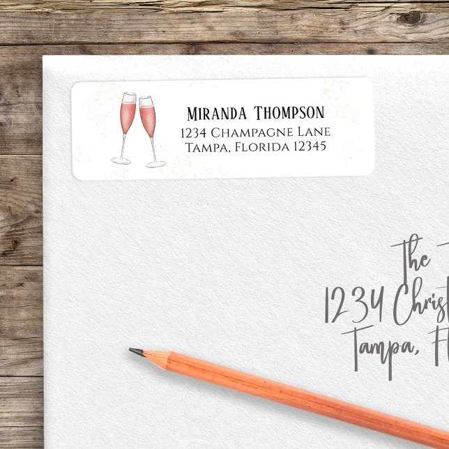 Étiquette Champagne Rose Clair de Mariée Aquarelle (Pink champagne return address label with bubbly champagne artwork. )