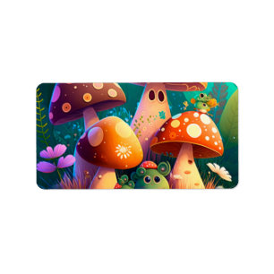 Étiquette Champignons mignons et fleurs buissons vert