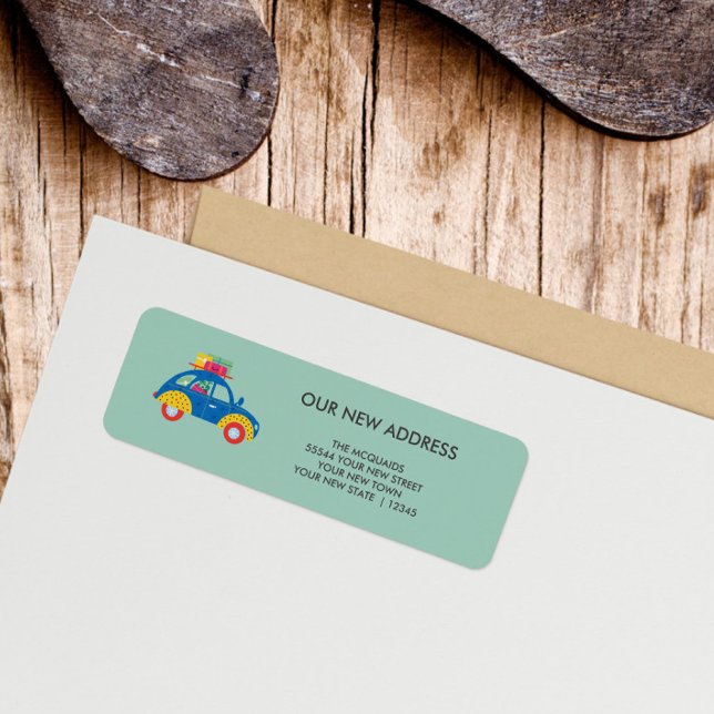 Étiquette Changement d'adresse de la voiture funky (Blue Car on Teal background return address label)