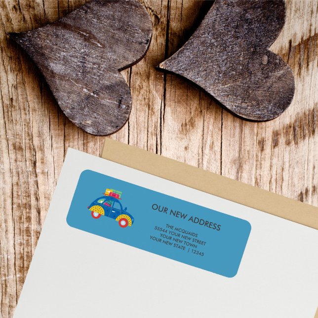 Étiquette Changement d'adresse de voiture coloré (Funky Blue Car Return Address Label)