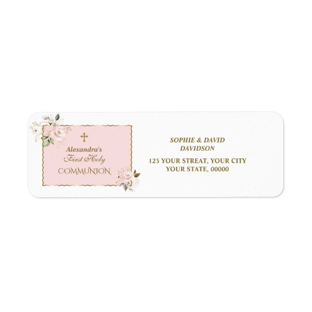 Étiquette Charm Blush Pink Gold Floral Holy Communion (Devant)