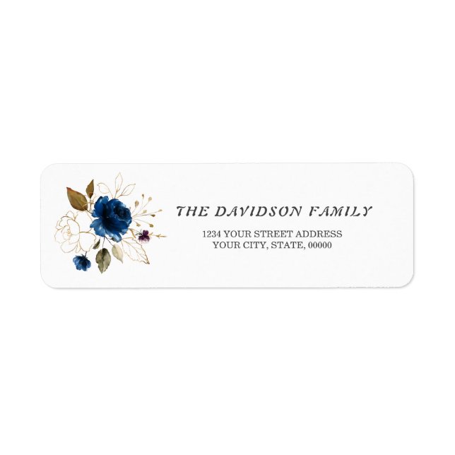 Étiquette Charm Navy Blue Gold Floral Baptism Adresse de ret (Devant)