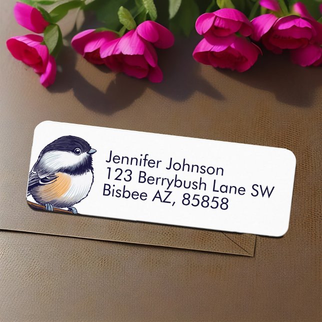 Étiquette Charming Chickadee adorable Black White Bird Sweet (Cute Chickadee adorable backyard bird return address label natural black & white simple lettering )