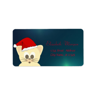 Étiquette Chat adorable avec chapeau de Père Noël, vert