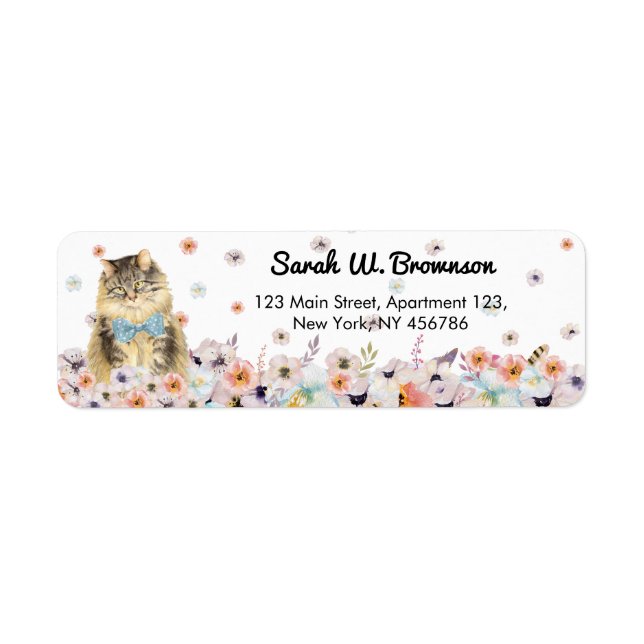Étiquette Chat américain Maine Coon nœud papillon bleu assis (Devant)