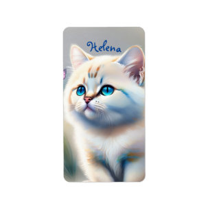 Étiquette chat blanc aux yeux bleus, peinture à l'aquarelle