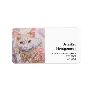 Étiquette Chat Blanc Élégant en Joyaux de Luxe