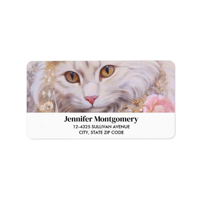 Étiquette Chat blanc élégant en or et diamants (Devant)