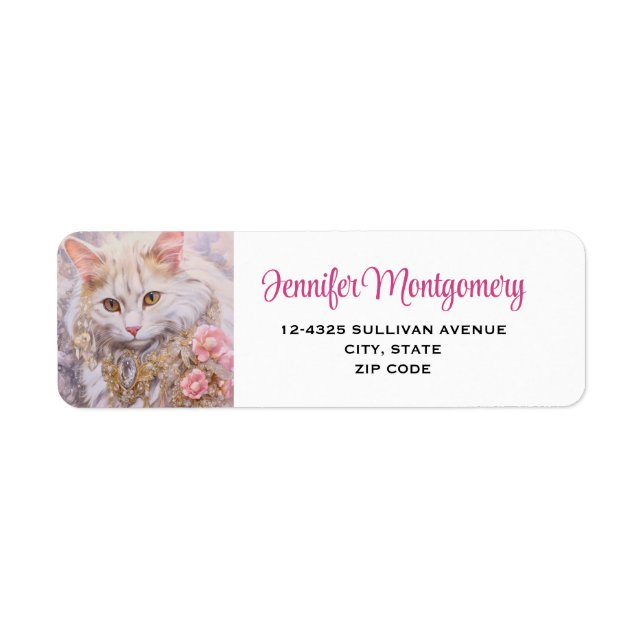 Étiquette Chat blanc élégant en or et diamants (Devant)