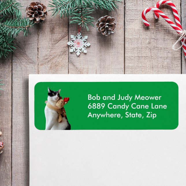 Étiquette Chat blanc et noir & Reindeer Christmas Toy Adress (White & Black Cat & Reindeer Christmas Toy Address Label)