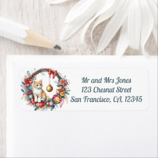 Étiquette Chat dans une couronne florale de Noël 2- Adresse 