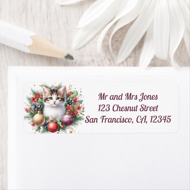 Étiquette Chat dans une couronne florale de Noël 5- Adresse  (En situation)