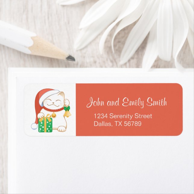 Étiquette Chat de Noël blanc dans un Casquette rouge (En situation)