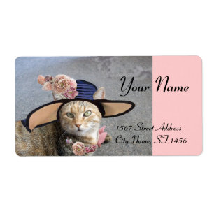 ÉTIQUETTE CHAT ÉLÉGANT AVEC GRAND CASQUETTE DIVA, ROSES ROSE