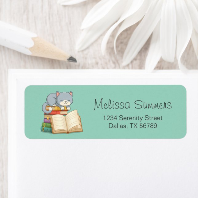 Étiquette Chat mignonne au-dessus d'une pile de livres sur v (En situation)