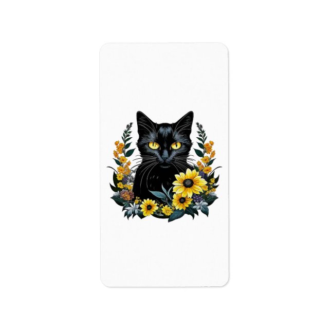 Étiquette chat noir avec fleurs (Devant)