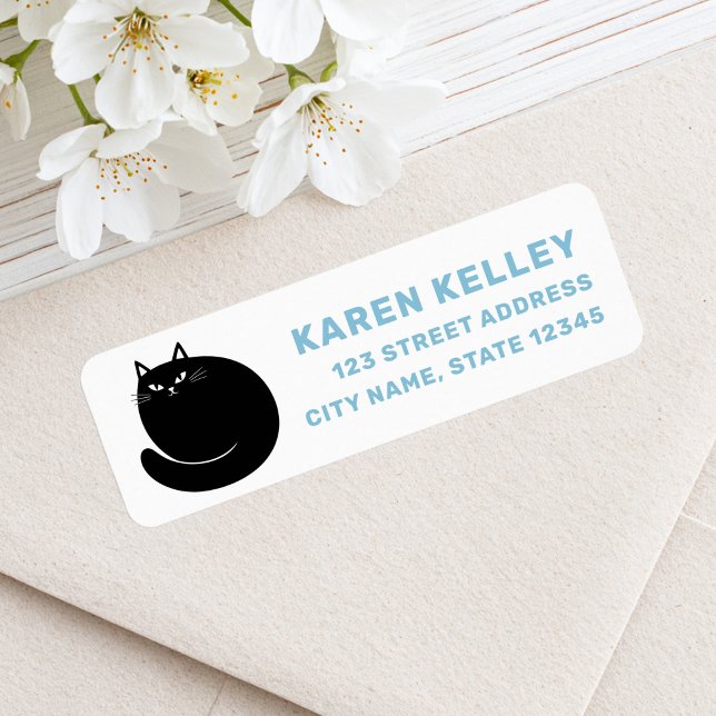 Étiquette Chat noir bleu adresse de retour blanc (Black cat blue white return address label)