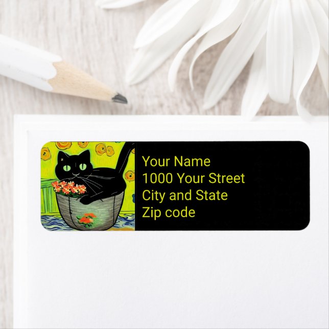 Étiquette Chat noir en pot de fleurs (En situation)