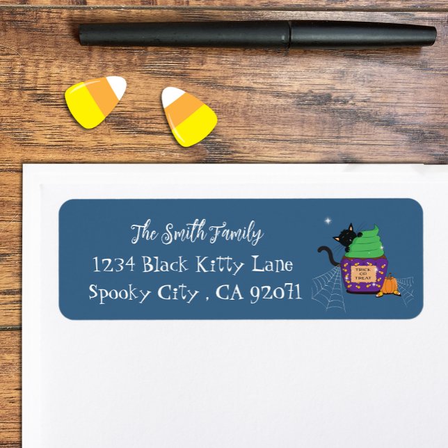 Étiquette Chat noir Halloween Bleu Adresse de retour Étiquet (Créateur téléchargé)