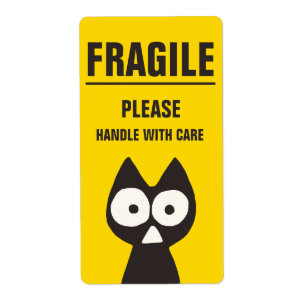 Étiquette Chat noir jaune FRAGILE de triangle