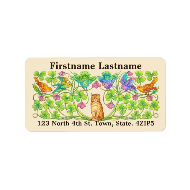 Étiquette Chat rétro de l'ère victorienne, trèfle et oiseaux (Devant)