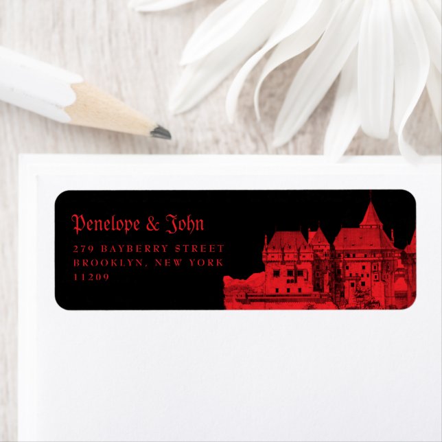 Étiquette Château gothique vampire mariage noir rouge (En situation)
