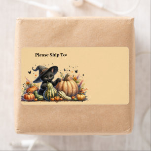 Étiquette Chaton de sorcière noire Halloween W/ Gourds Citro