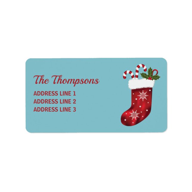 Étiquette Chaussette de Noël rouge sur fond bleu avec texte  (Devant)