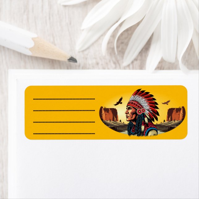 Étiquette Chef amérindien sur paysage sauvage coucher de sol (En situation)