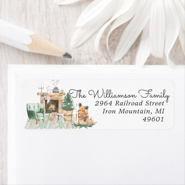 Étiquette Cheminée aquarelle | Adresse de retour de Noël (En situation)