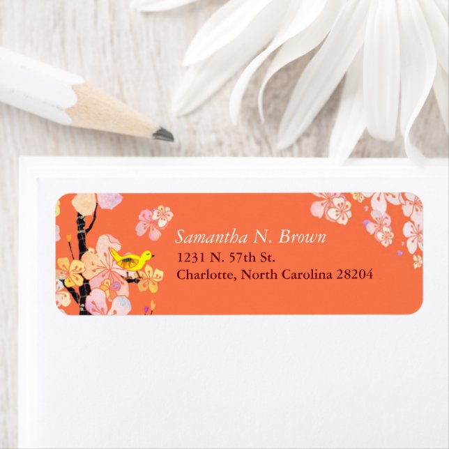 Étiquette Cherry Blossom Bird Orange Adresse (En situation)