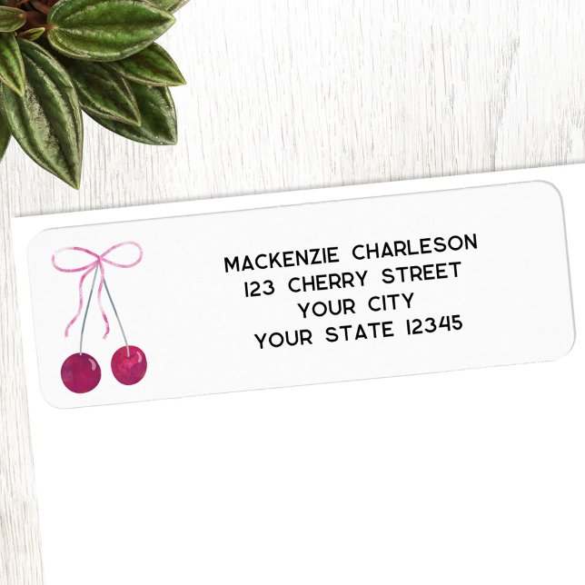 Étiquette Cherry Ribbon Bow Watercolor Adresse de retour (Cherry with ribbon and bow watercolor return address label)