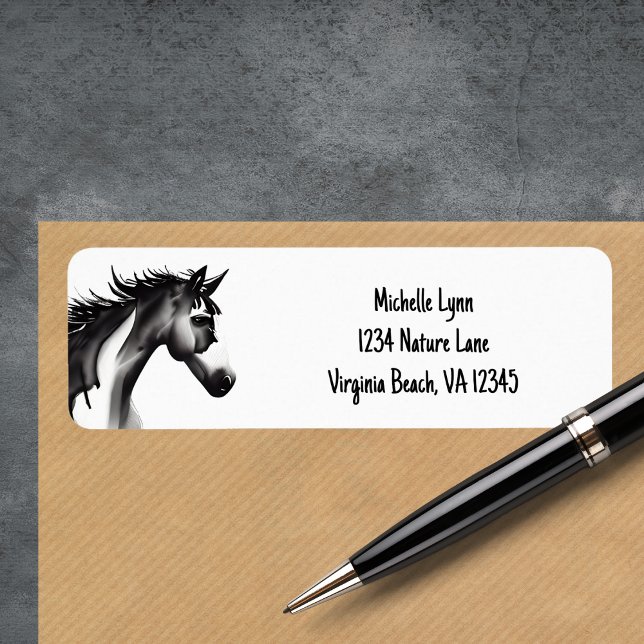 Étiquette Cheval Abstrait | Adresse noire et blanche (Abstract Horse Black and White Address Label)
