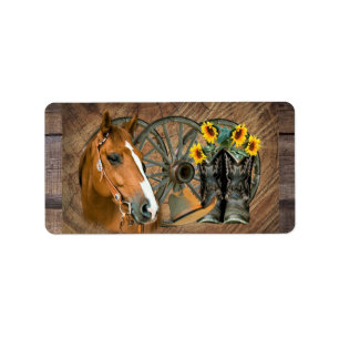 Étiquette Cheval Cowboy Boots Wagon Wheels Sunflowers Wester