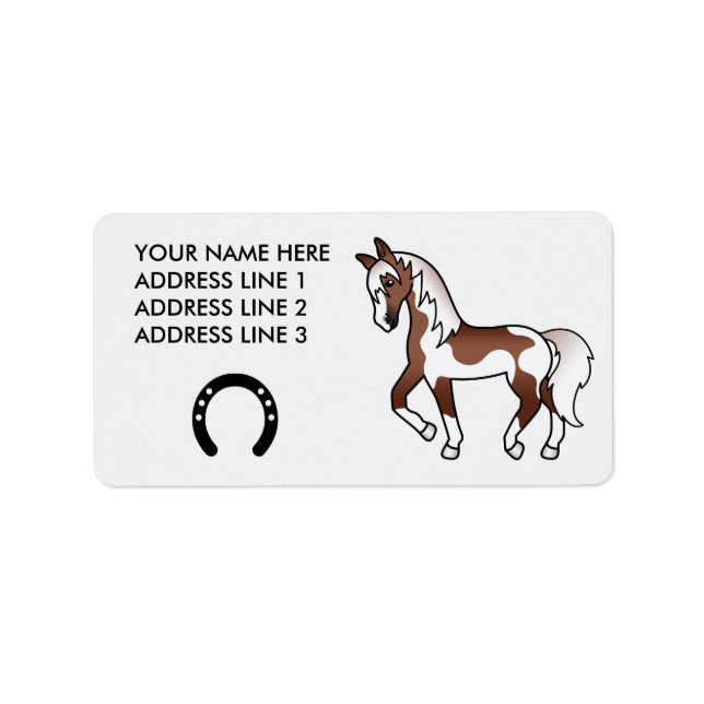 Étiquette Cheval de dessin animé trottant Pinto Brun (Devant)