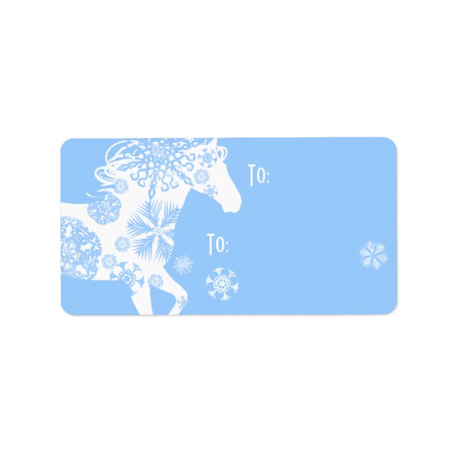 Étiquette Cheval de Noël aux flocons de neige bleu et blanc (Devant)